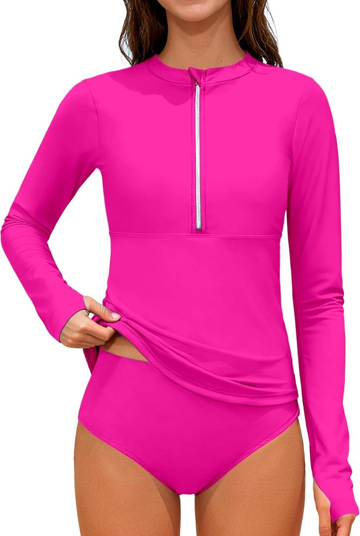 Girls Rash Guard Swimsuit Half-Zip Long Sleeve Modest Bathing Suit with Chest Padding 2Pcs Teen Girl Swimwear UPF 50+ (11-12 Years, Pink)