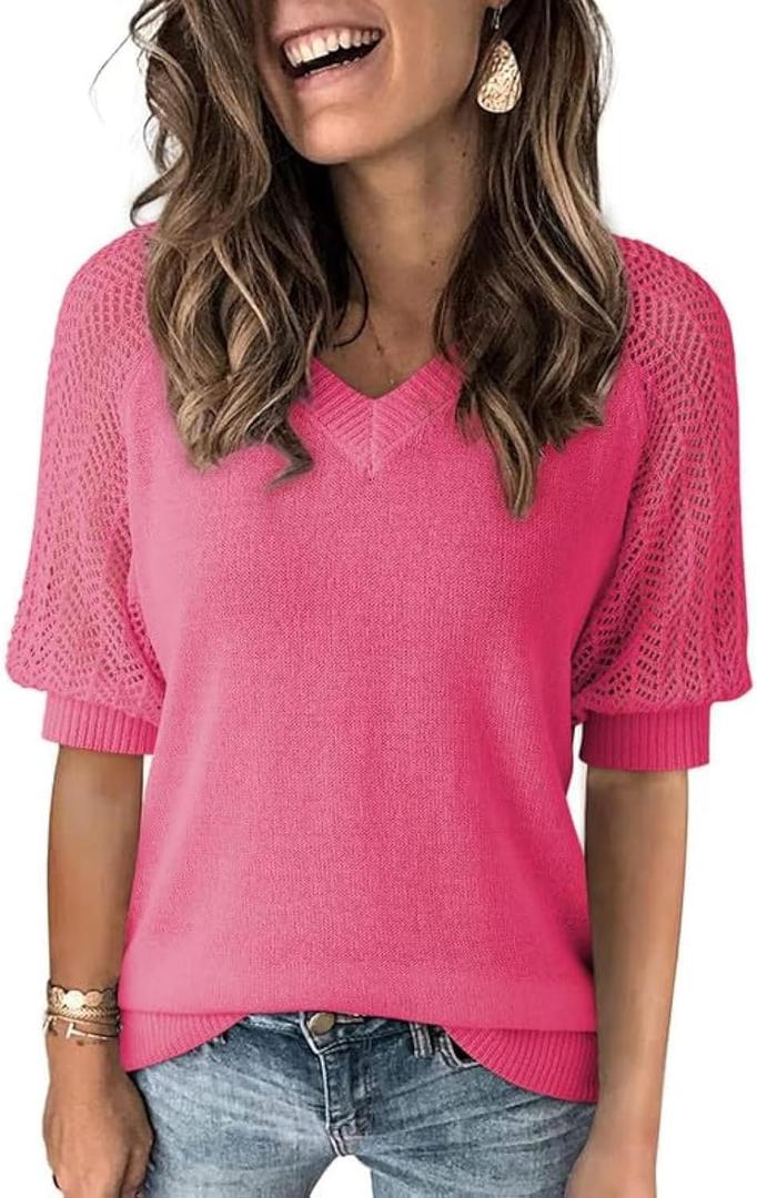 Dokotoo Women's Casual Short Sleeve Loose Crochet Tunic Tops Lightweight Knit Pullover Sweater Blouses (Pink, S)