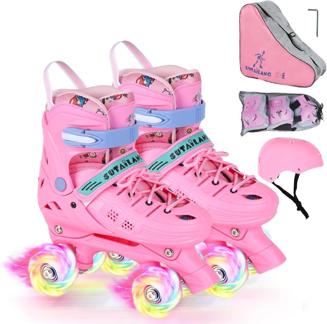 Roller Skates, Adjustable Roller Skates with Light up Wheels for Girls Boys Teens, Beginner & Advance | with Protective Gears and Carry Bag (M- Big Kids (2Y-5Y), Pink)