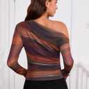 Women's Off The Shoulder Shirts Tie Dye Long Sleeve Mesh Casual Top Trendy Ruched Slim Fitted Tees (XS)