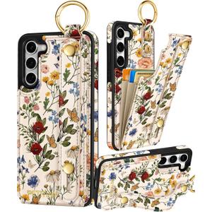 Petitian for Samsung Galaxy S23 Plus Case with Wallet - Women Girls Cute Girly Aesthetic Unique Design Leather Credit Card Holder Cardholder Stand Wristband for S23 Plus, Vin Flower