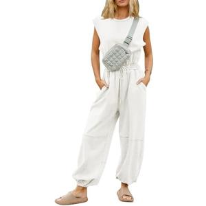 Flygo Womens Casual Jumpsuit Crewneck Cap Sleeve Long Wide Leg Pants One Piece Outfits Drawstring Romper with Pockets, S