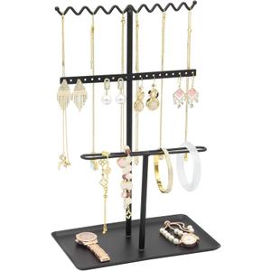 Jewelry Organizer Stand, Metal Jewelry Holder with Tray for Necklaces, Earrings, Rings Durable Rustproof Storage Display Aesthetic Room Decor for Women (Black)