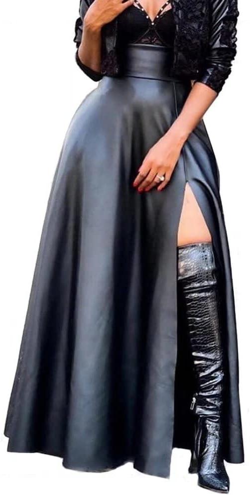 Lexiart Womens High Waisted Sexy Pu Leather Vintage High Split A-Line Swing Long Skirt with Pockets