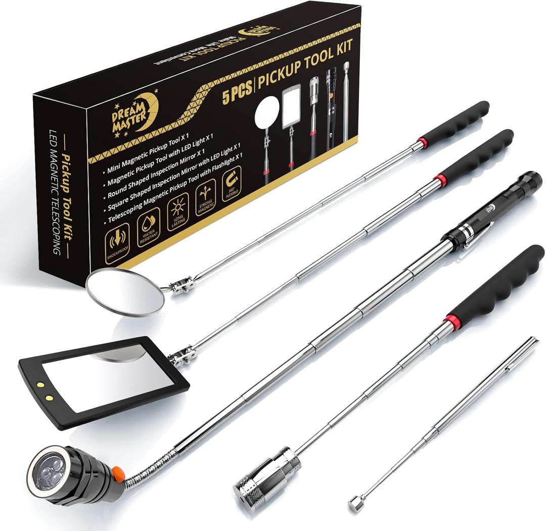 Magnetic Pickup Tool Set with 15lb & 1lb Pick Up Rod, Round & Square 360 Swivel Adjustable Inspection Mirror, Telescoping Flexible Flashlight, Mens Gifts for Dad, Men, Husband, Birthday Gifts for Men