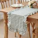 HunnmingRe 1 Pcs Sage Green Plaid Gingham Ruffle Table Runner 118 x 13.8'' Farmhouse Table Runner 100% Cotton Scalloped Long Dresser Scarves for Dining Room, Wedding, Kitchen Rustic Home Decor