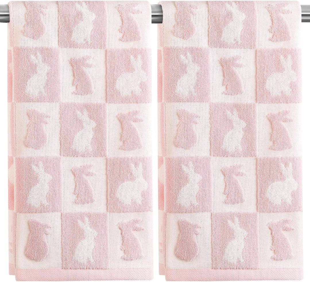 2 x Quera 2 Pack Easter Hand Towels White Pink Rabbit Bunny Checkered Spring Bathroom Decorative Towels Set for Bath,Kitchen,Bar,Gift,13.7'' x 29.5'', Medium