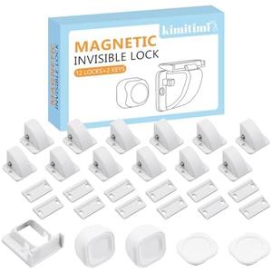 kimitimi Magnetic Cabinet Locks Baby Proofing - Child Safety Cabinet Latch Locks with Adhesive, No Drill or Tools Installation, for Cabinets Drawers Doors - 12 Packs