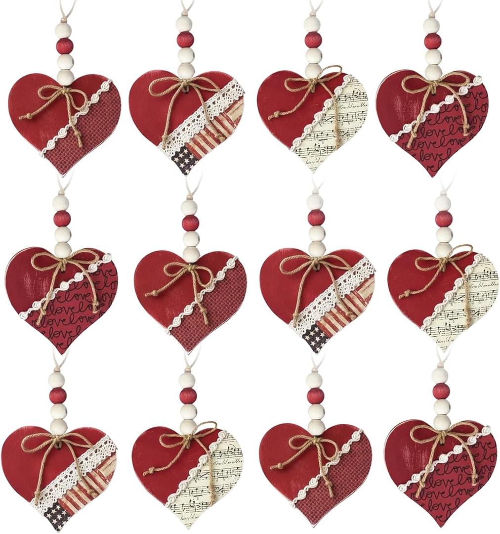 Leinuosen 12 Pcs Independence Day Tree Decorations Patriotic Vintage Red Heart Ornaments Retro Love Music Score Striped Star Design with Lace and Beads Romantic Hanging Decor for Home Wedding Party