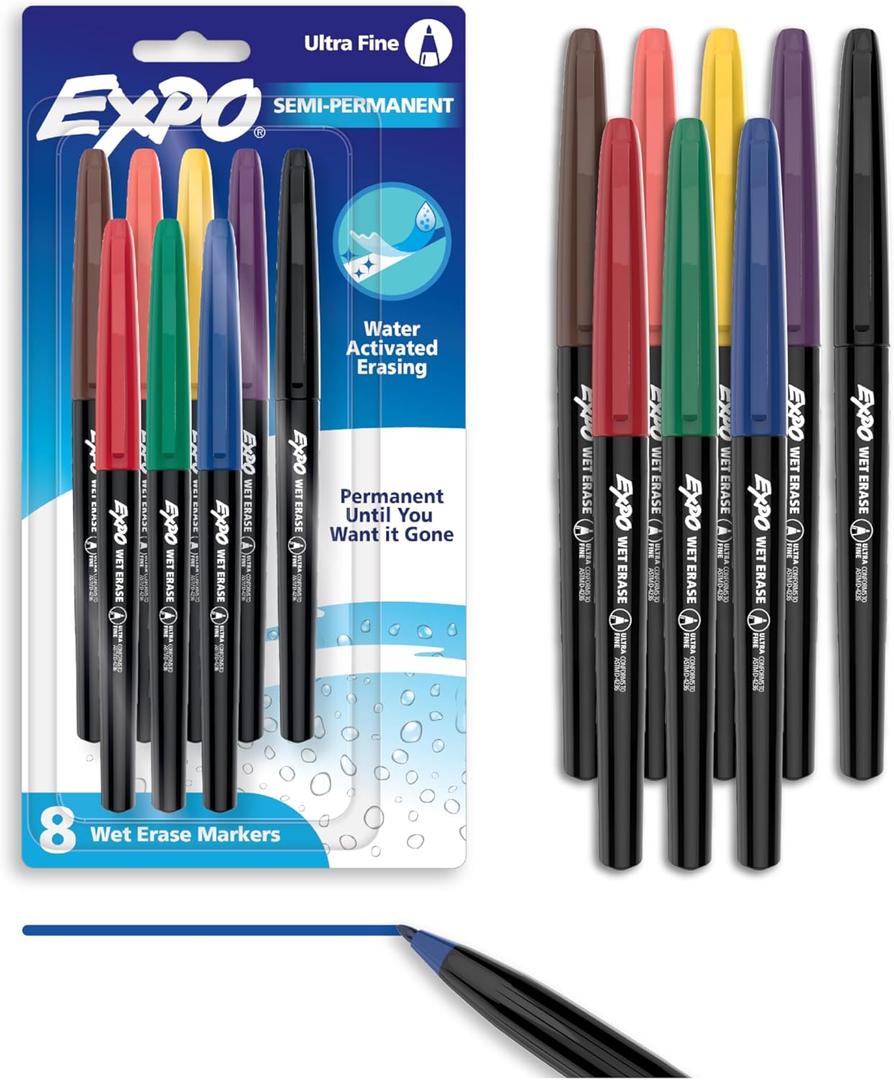 EXPO Vis-a-Vis Wet Erase Markers, Semi-Permanent, Assorted Colors, Ultra Fine Tip, 8 Count - For Writing on Glass, Whiteboards, Mirrors, Calendar, Labeling, Organizing
