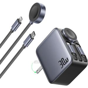 HERRBOL 30W Retractable Charger, 3 in 1 Wall Chargers Block Fast Charging with Apple Watch Charger, Type C&Lightening Cables, Portable iPhone Chargers for iPhone 17 Pro Max,iWatch,AirPods,Samsung,iPad