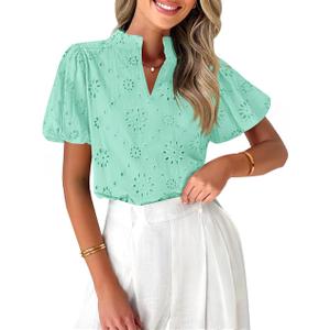 ZESICA Women's Summer Short Puff Sleeve Shirts 2025 V Neck Casual Hollow Out Lace Embroidered Blouse Tops (Green, S)