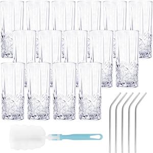15 Set Tall Highball Glasses 12 oz Clear Crystal Drinking Glasses, Fancy Textured Tea Water Cups Vintage Style Designer Glassware, for Cocktail Soda Beverages for Dishwasher