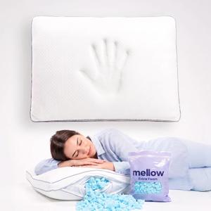Mellow Flex Adjustable Memory Foam Pillow Customizable Loft & Firmness, Shredded Foam Bed Pillow with Extra Fill, Cooling Breathable Cover, Neck Support for Side & Back Sleepers (White, Standard)