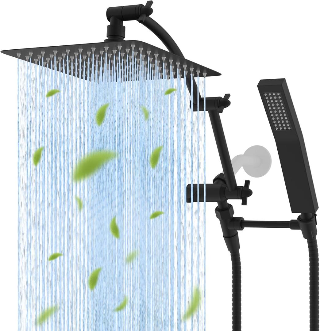 Hibbent All Metal 10'' Rainfall Shower Head, Square Shower Head Combo, High Pressure Handheld Shower Wand, 16'' Adjustable Arc-shaped Shower Extension Arm, 71'' Hose, 2 Showerhead Holders, Matte Black