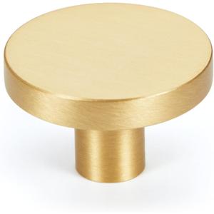 5-Pack Gold Kitchen Cabinet Knobs, Solid Brass Knobs for Dresser Drawer, Round Minimalist Bathroom Cabinet Pulls, Modern Furniture Hardware, Brushed Finish, Diameter 1-3/16 Inch