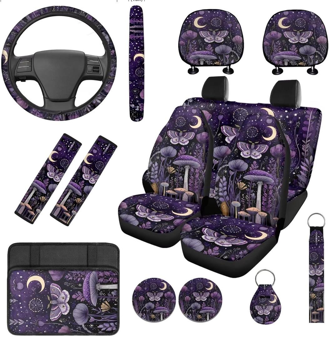 Ystardream Retro Mushroom Moth Car Seat Cover Full Set 14 Pcs with Steering Wheel Cover, Auto Seat Belt Covers Keychain & Cup Holder Pads, Universal Fit for SUV Sedan Truck, Protective Interior Purple