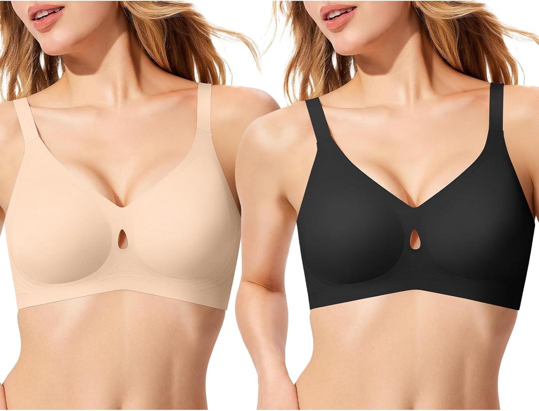 ProKloud Bras for Women No Underwire Wireless Jelly Bras Full Coverage Seamless Push Up Bralettes Support Tshirt Bra (Small, Black+nude)
