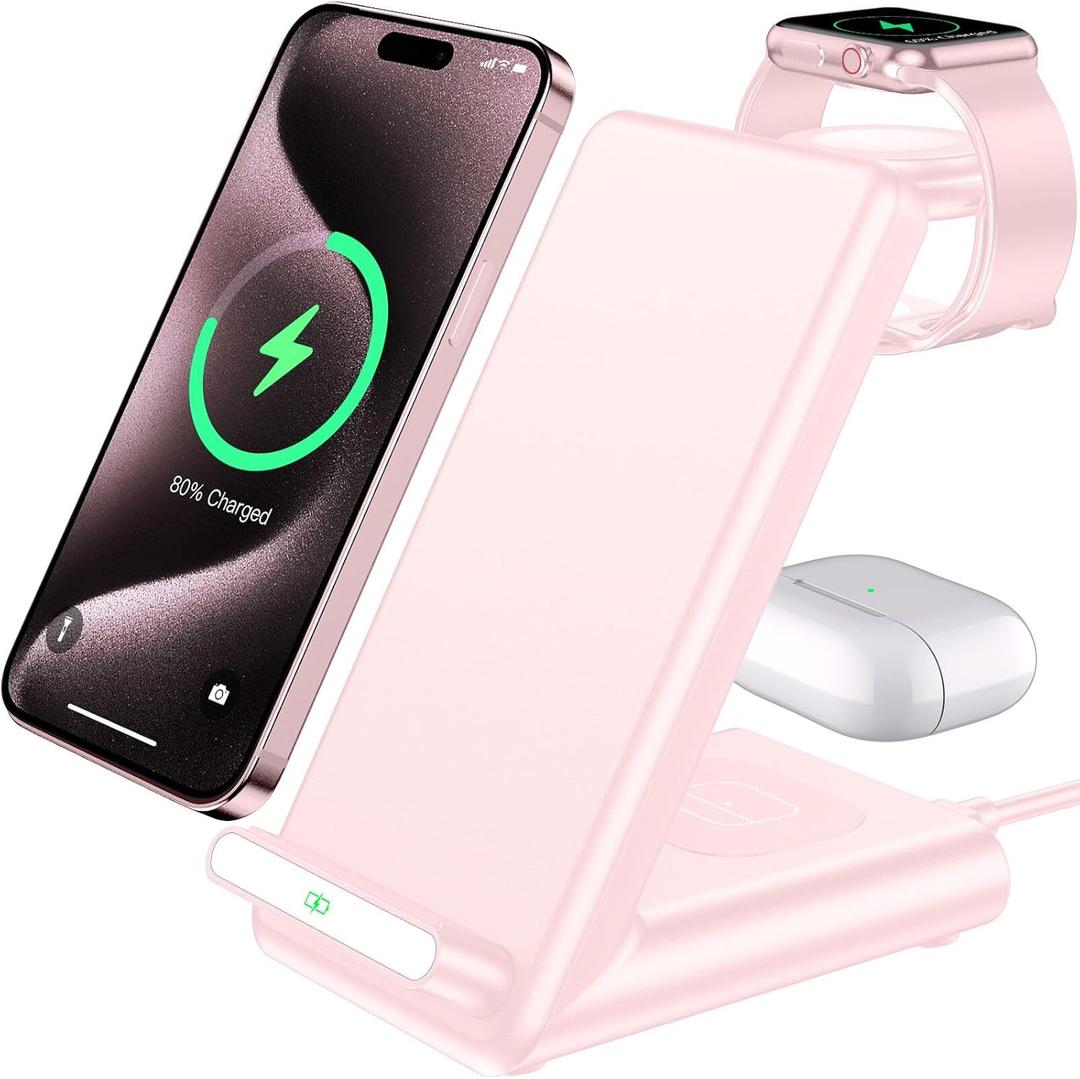 Wireless Charging Station,3 in 1 Charging Stand Made for Apple Watch Ultra 10 9 8 7 6 SE 5 4 3,Fast Wireless Charger Made for iPhone 16/15/14/13/12/11/X,for AirPods Pro(with Adapter) (Pink)