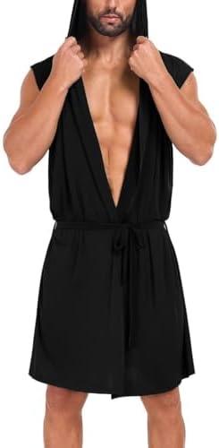 VintageClothing Men's Summer Robe with Hooded Lightweight Bathrobe House Kimono Sleeveless Sexy Sleepwear Pajamas S