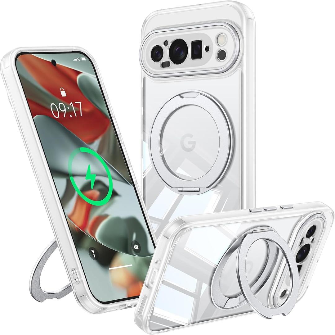 360 Spin Magnetic Stand Case for Google Pixel 9 Pro XL Fit for MagSafe & Pixelsnap Cover with Ring Holder No-Yellow Crystal Clear Camera Protection Phone Google Pixel 9 Pro XL Case - Clear