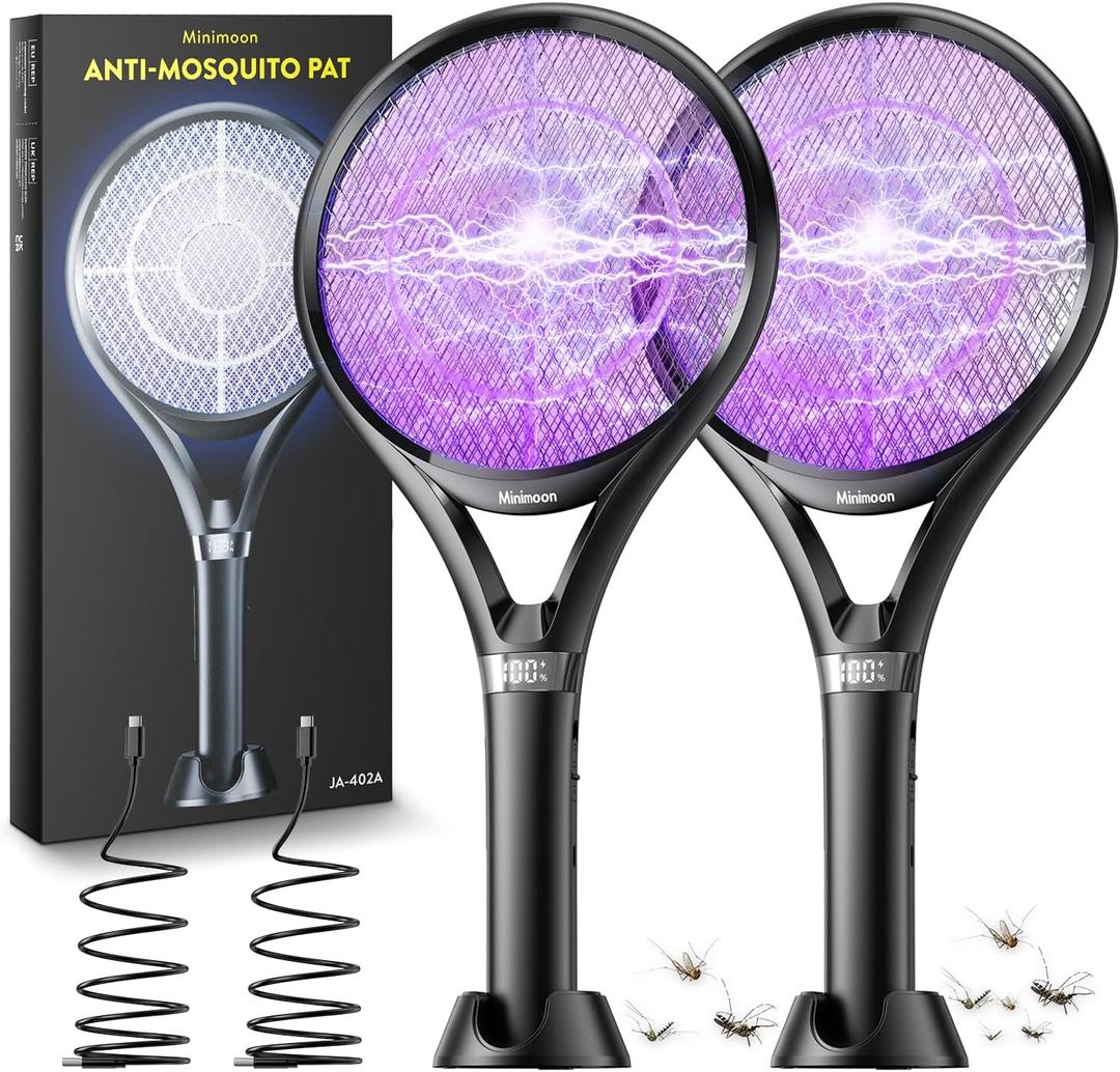 Minimoon 2Pack Electric Fly Swatter with LED Display, 2000mAh Rechargeable Fly Swatter Racket, 2500V Bug Zapper Racket Dual Modes, Mosquito Killer Lamp with 3 Layers Safety Mesh for Indoor Outdoor