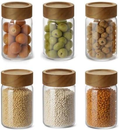 Zoaiirte 6pc 8 fl oz Glass Mason Jars with Acacia Wood Airtight Lids - Food Storage Container Set, Clear Stackable Leakproof Kitchen Canisters for Meal Prep/Snack Organization/Spice Storage