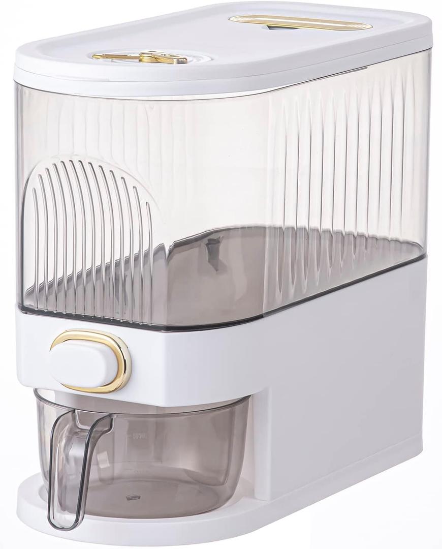 Sooyee 11Lbs Rice Dispenser, Large Grain Container Storage with Lid Measuring Cylinder Moisture Proof Household Cereal Dispenser Bucket for Kitchen Soybean Corn,Clear and White (11 Lbs)