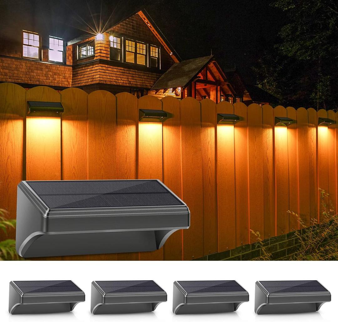 Aulanto Solar Fence Lights 4 Pack-Plus,100 Lumen Big Outdoor Solar Light IP65 Waterproof, Warm White and 10 RGB Modes,Fence Lights Otdoor Solar Lighting for Backyard,Garden,Fence,Wall,Deck,Stairs.