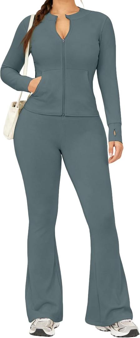 UOUA Women's 2 Piece Set Long Sleeve Jacket & Ankle Length Workout Flare Leggings Casual Matching Outfit Tracksuit Sweatsuit, S