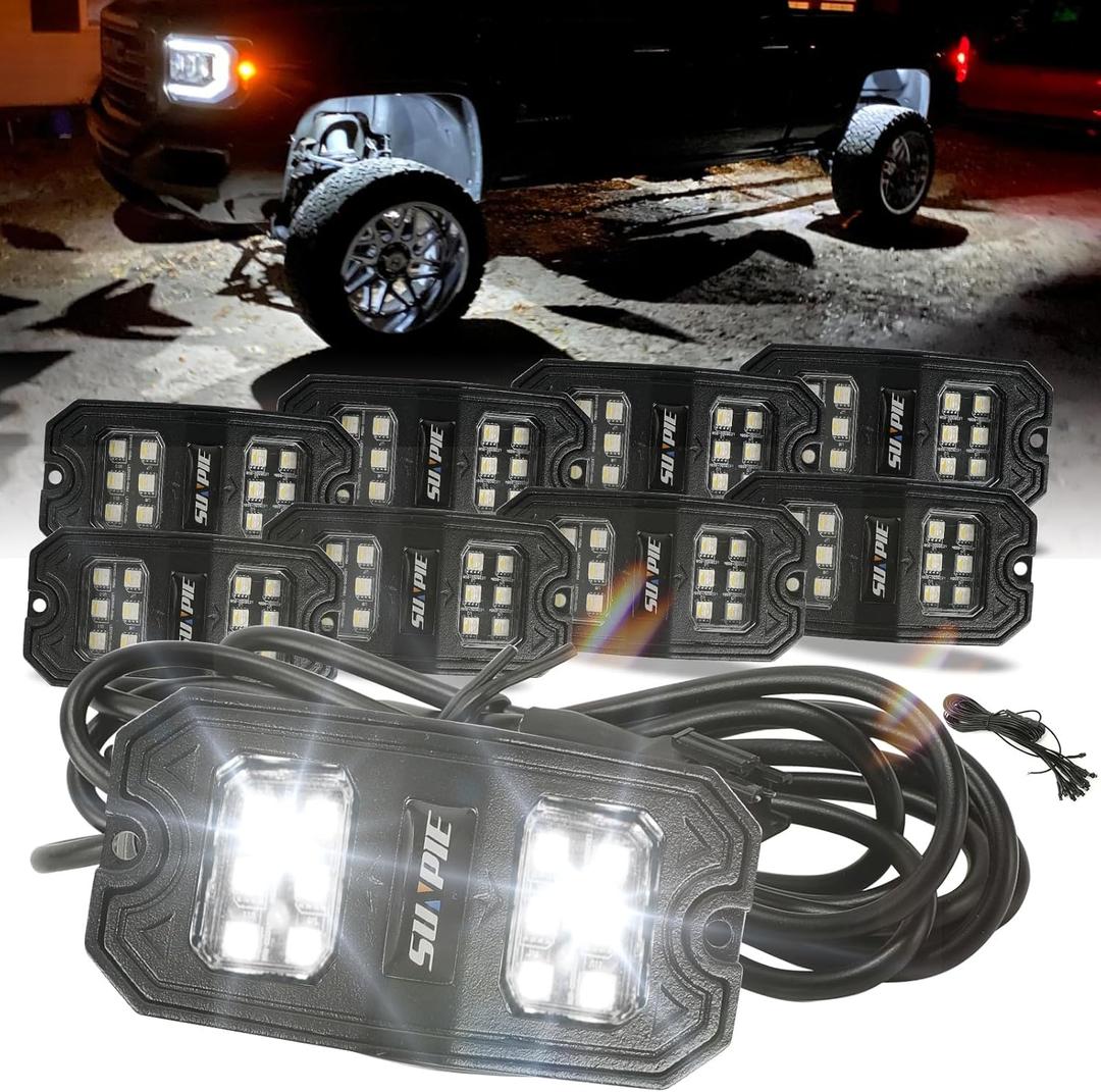 SUNPIE 8 Pods White Rock Lights  Quick Connect, 18 Wide-Angle Chips, 4M Extension Wires, 6000K Pure White, IP67 Waterproof, Fits Trucks, SUV, ATV, UTV, Trailer