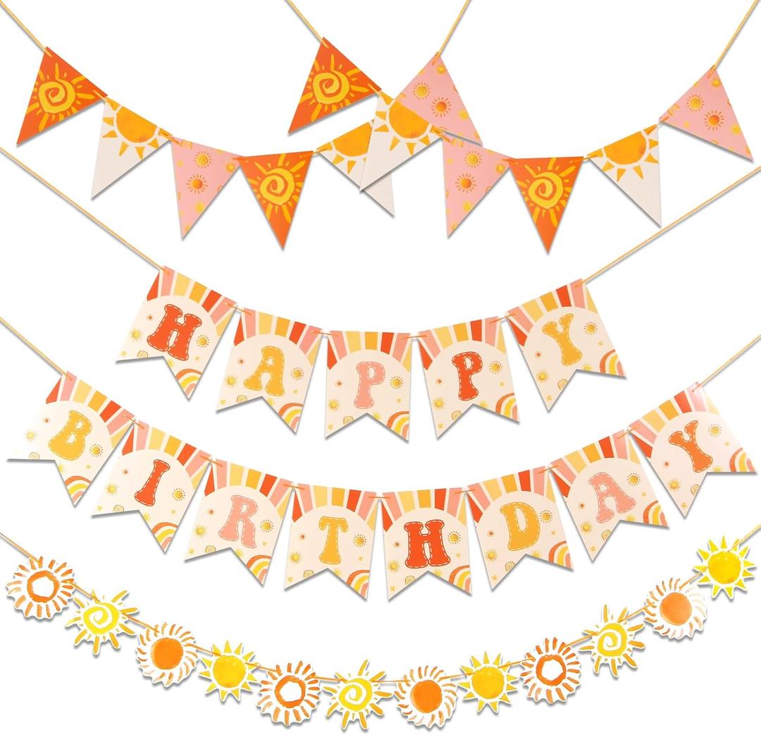 Sunshine Birthday Banner, 5 Pcs Pre-Strung First Trip Around the Sun Decorations, Sun Birthday Party Decorations for Girls, Women, Kids