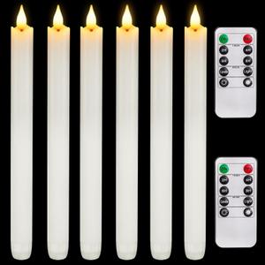 Homemory 6 Pcs Wax Flameless Taper Candles with Remote Timer and Dimmer, White Candle Sticks Battery Operated, LED Window Candles with Flickering Light, 9.6 Inches for Wedding Home Indoor Decoration