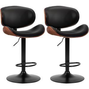DUMOS Swivel Bar Stools Set of 2, Adjustable Counter Height Bentwood BarStools, PU Leather Upholstery Bar Chair with Ergonomic Back and Footrest, Counter Stools for Bar, Home Kitchen Island, Black