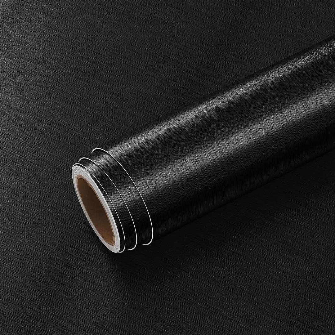 VEELIKE Modern Black Brushed Stainless Steel Contact Paper for Appliances Peel and Stick Thick Metallic Wallpaper 24''x118'' Self Adhesive Black Vinyl Wrap for Refrigerator Dishwasher Fridge Kitchen