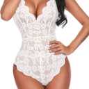 Avidlove Women One Piece Lingerie Deep V Teddy Sexy Lace Bodysuit Snap Crotch Babydoll (Medium, B-white)
