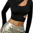 Floerns Women's Solid Cut Out Long Sleeve Y2k Round Neck Crop Tops Tee, Black, Small, Black 