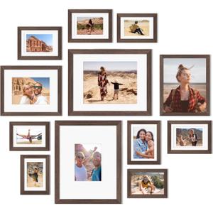 Egofine Picture Frame Set 12 Pack, Picture Frames Collage Wall Decor with Two 11x14, Two 8x10, Four 5x7, Four 4x6 for Wall and Tabletop, Made of Solid Wood, Covered by Plexiglass, Rustic Brown (4x6+5x7+8x10+11x14)