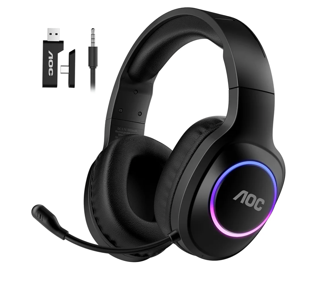 AOC Wireless Gaming Headset Compatible with PS5/4, Nintendo Switch, PC, Bluetooth 5.4 & 2.4GHz Gaming Headphones with Noise Canceling Mic, RGB, Type-C, 20ms Latency, 45H, 7.1 Virtual Surround- Black