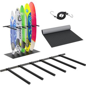 Vertical Surfboard Rack for Wall, Surfboard Wall Mount with Bungee Cord and Rubber Mat, 4/6 Arms Metal Garage Surfboard Stand Wall Decor for Surf Board, Paddle Board SUP, Wakeboard, Snowboard