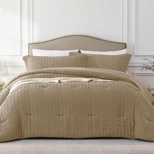 Quataly Brown King Comforter Set - 3 Pieces Seersucker Lightweight Bedding Comforter Sets (1 Soft Fluffy Comforter & 2 Pillowcases) - All Seasons Cozy Modern Bed Sets