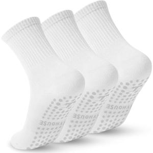 Pilates Yoga Socks with Grips for Women - Crew Length Ballet Barre Socks - Sticky Workout Hospital Socks (3 Pairs (Mix A))