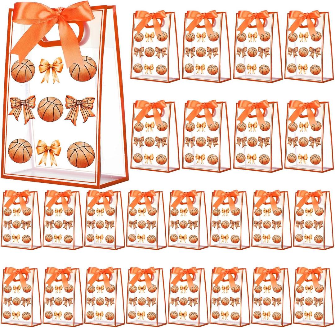 Sunnymove 24 Pcs Cheer Clear Plastic Gift Bags with Handles 10 x 7 x 3.1 Inch Reusable Clear Goodie Snack Treat Gift Bags with Ribbon for Cheerleader Teammates Sport Party Supplies (Basketball Bow)