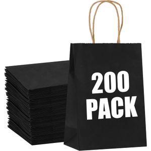 STOBOCTER 200Pcs Paper Gift Bags, 5.9"x3.15"x8.25" Gift Wrap Bags with Handles, Shopping Bags, Retail Bags for Small Business, Kraft Paper Bags, Gift Bags Bulk for Birthday Party Favors (Black)