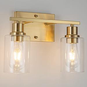FILIMITIY 2-Lights Gold Bathroom Light Fixture, Brushed Brass Vanity Light with Clear Glass Shade, Modern Bath Wall Lights for Living Room, Hallway, Bedroom