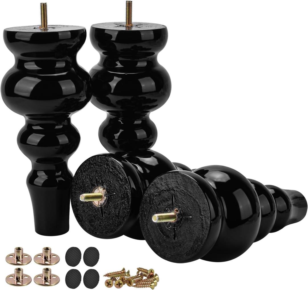 Btowin 9 inch Solid Wood Furniture Legs, 4Pcs Large Turned Black Wooden Bun Feet with Threaded M8 Hanger Bolts & Mounting Plate & Screws for Sofa Couch Ottoman TV Stand Bed Btowin 9 inch Solid Wood Furniture Legs, 4Pcs Large Turned Black Wooden Bun Feet with Threaded M8 Hanger Bolts & Mounting Plate & Screws for Sofa Couch Ottoman TV Stand Bed