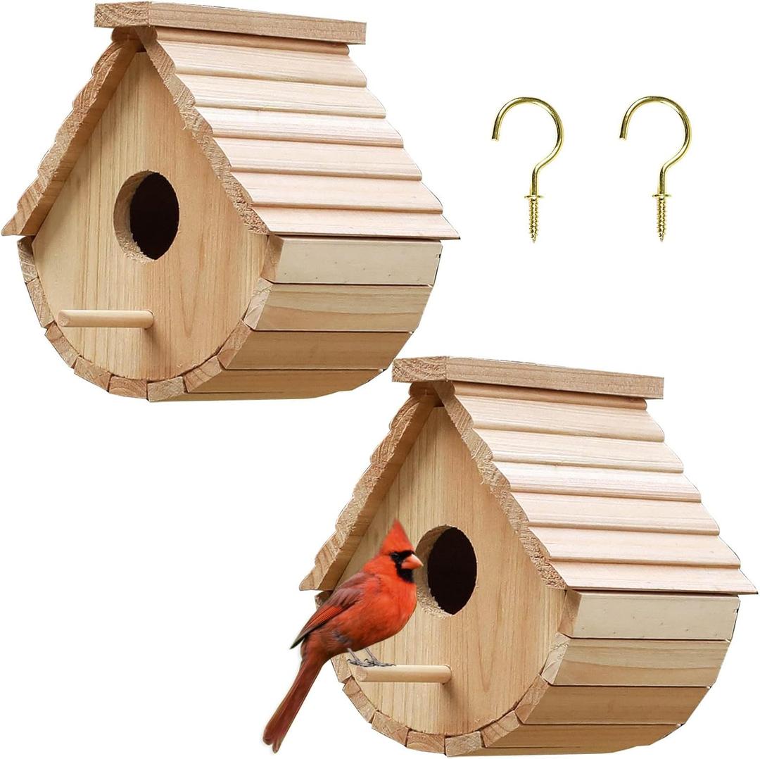 2 Pack Bird House Outside Wooden Birdhouse Set of 2, Hanging Birdhouses for Outdoor, Bluebird, Finch, Cardinals House (2Pcs)