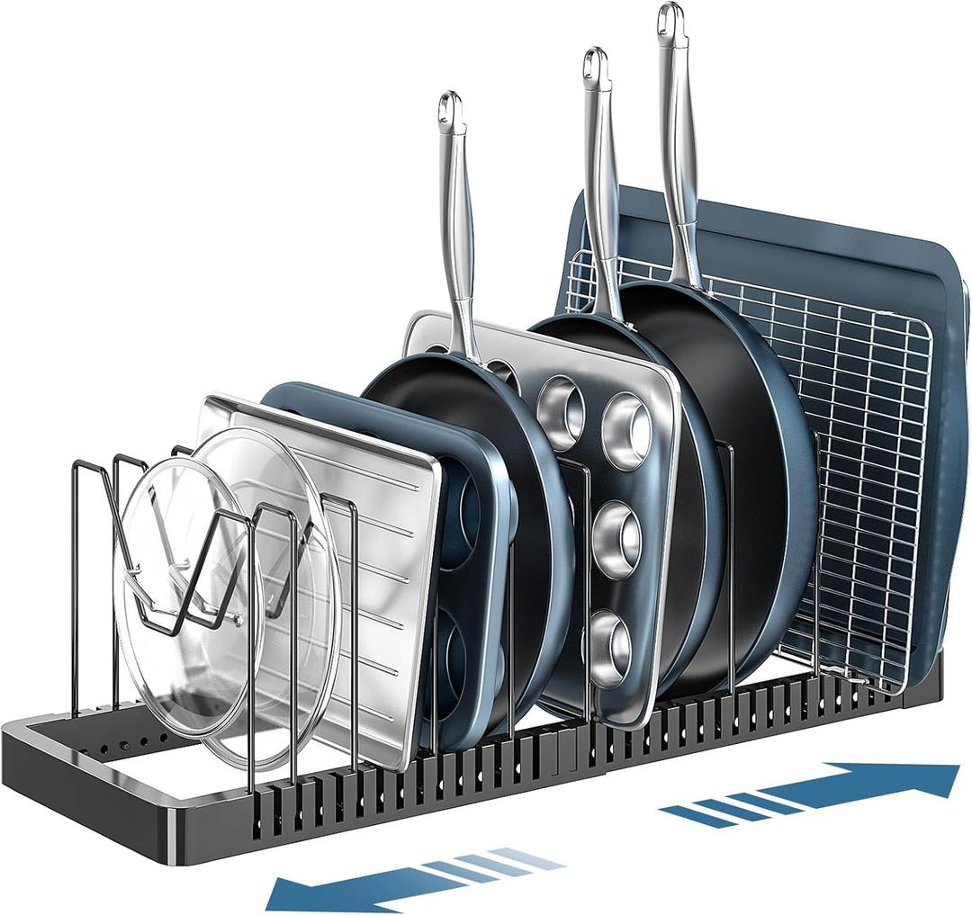 PanPanPal Pots and Pans Organizer under Cabinet, Expandable Pot Lid Organizer Holder with 10 Adjustable Compartment, Pan Organizers inside Cabinet for Lids, Bakeware, Kitchen Storage Pot Rack, Black