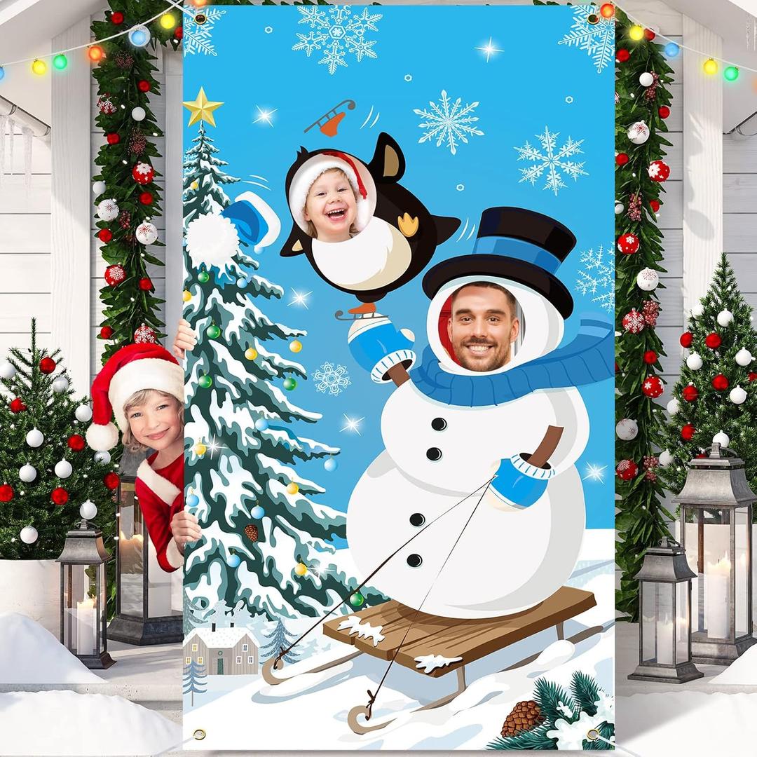 Moukeren Winter Snowman Photography Backdrop Christmas Photo Booth Banner Face Cutout Backdrop 6 x 3 Ft Snowman Penguin Xmas Tree Background for Holiday Birthday Party Decorations Portrait Props Gifts