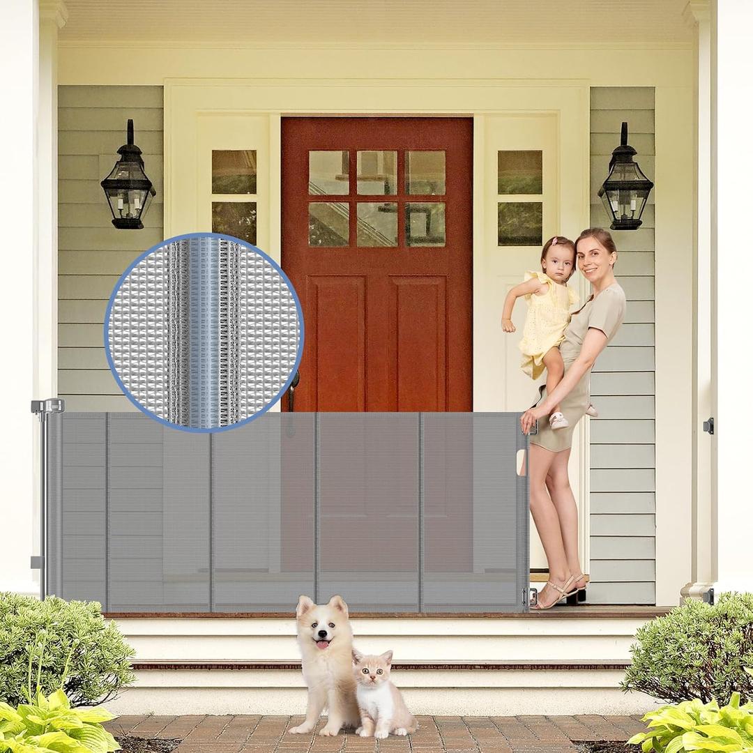 Reinforced Retractable Dog Gate with Support Strip 60" Wide Retractable Outdoor Gate for Decks Mesh Dog Gate Retractable Indoor Retractable Pet Gate for Dogs Retractable Mesh Gate Retractable Cat Gate (Gray)